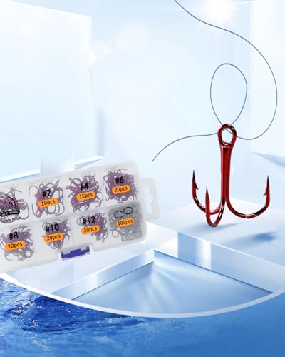 UCEC Fishing Hooks Treble Hooks Kit for Saltwater Freshwater, High Carbon Steel Strong Sharp Round Bend for Catfish Trout Hard Baits Lures, Size #1#2#4#6#8#10#12#14 110/50/210 Pack with Split Rings - style: 100pcs Split Rings & 105pcs Red Hooks #2 #4 #6 #