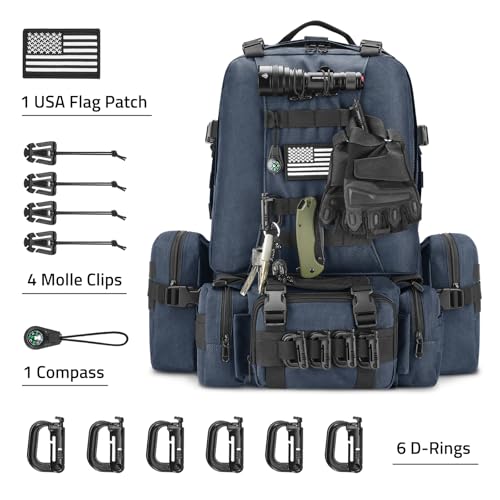 CVLIFE 60L Tactical Backpack for Men Women Military Large Army Rucksack | 3 Day Bug Out Survival Molle Bag, D-Ring Clips & Compass Accessories, Hiking Camping Gym Daypack, Blue - color: Blue