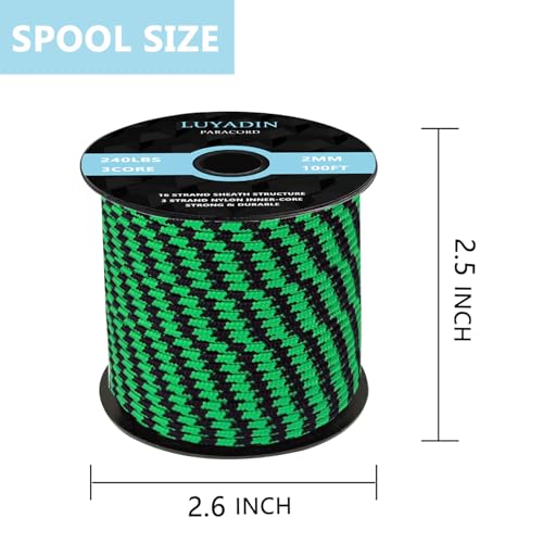 Paracord 240lb - Diameter 2mm Micro Utility Cord -3 Strand Parachute Spool Cord - 100ft 200ft,Paracord for Camping,Hiking,Fishing,Outdoor and DIY - color: Green Black Camo, size: 100 ft