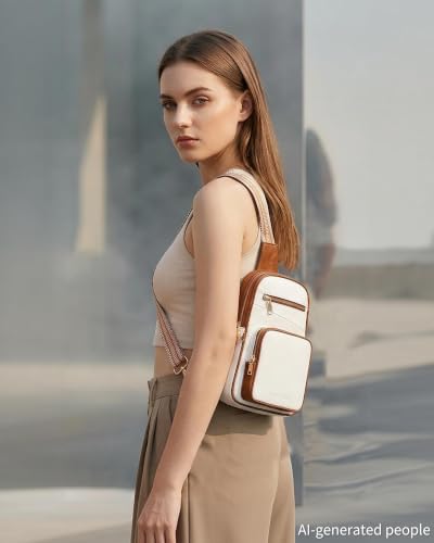 Anti Theft Crossbody Bags for Women RFID Leather Sling Purses,Crossbody Bags Travel Leather Fanny Pack for Women - color: White＆brown