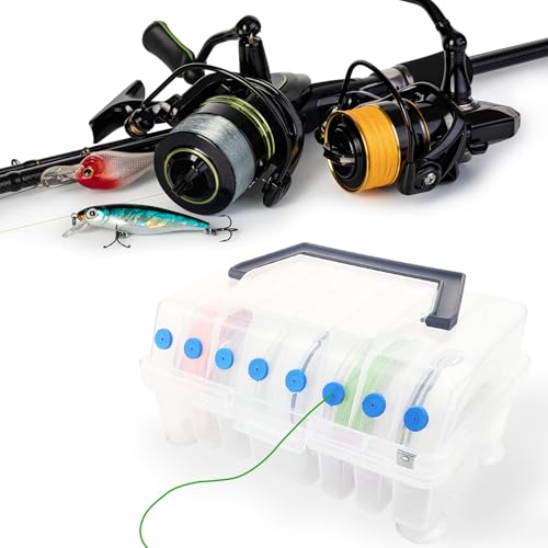 Aventik Clear Fishing Line Organizer Built-in Cutter & Silicone Holes 6C/8C Clear Tangle Free Spool Storage Box for Fishing Line Management - color: 8 Compartments