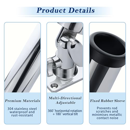 YANYUCB Boat Fishing Rod Holder,Stainless Steel Adjustable Fishing Pole Holders,360° Rotating Deck/Rail Mount Fishing Rod Pole Holder,Rod Holders for Fishing Boats,Yachts,Kayaks(2 Pack) - color: Silver