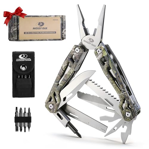 MOSSY OAK Multitool, 22-in-1 Stainless Steel Pliers with Screwdriver Sleeve, Camo Steel Handle, Self-locking Knife with Sheath-Perfect for Outdoor, Survival, Camping, Hiking, Simple Repair - color: 22-in-1, Camo