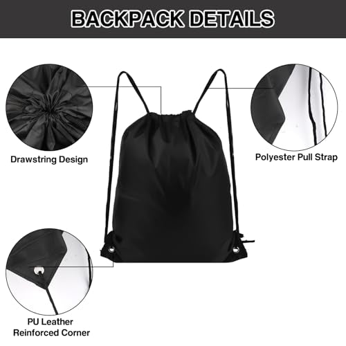 COIDEA 6Pcs Drawstring Backpacks, Medium, Black, Sports, Gym, Travel, Swimming, Beach - color: Black