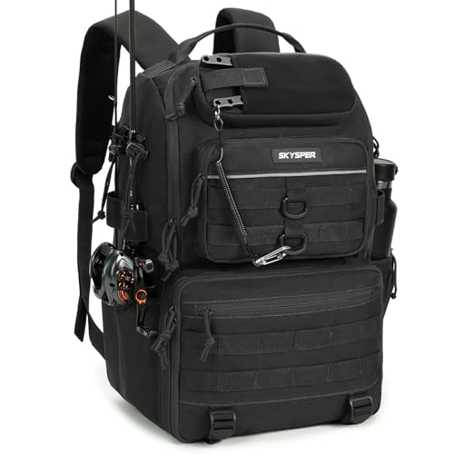 SKYSPER Tackle Backpack Fishing Bags with Rod Holder, 40L Water-Resistant Tackle Box Storage Bag for Fishing Gear Lures(Black) - color: Black