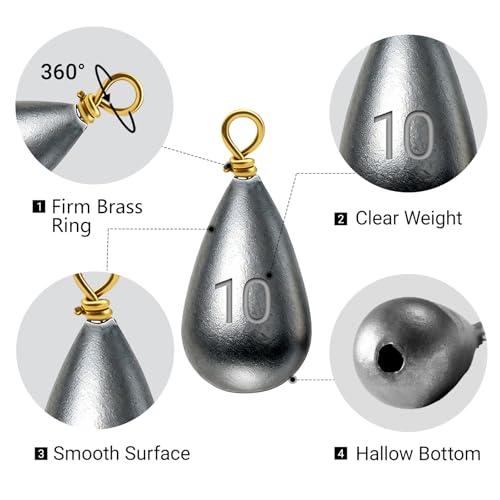 Casting Sinker Weights Assortment, Teardrop Fishing Sinkers with Brass Swivel Loops, 1/8 oz to 3/4 oz, Drop Shot Weights for Bass Catfish, Freshwater Saltwater - color: 35pcs-11/32oz