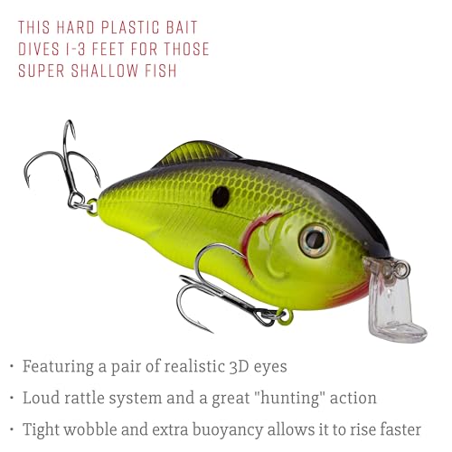 Strike King Hybrid Hunter Shallow Jr. Fishing Lure, Shallow Diving Crankbait, 90-Degree Bill, 3D Eyes, Loud Rattle, Dives 1 to 3-Feet,Size 4 & 6 Treble Hooks - color: Chartreuse with Black Back, size: 1/2 oz