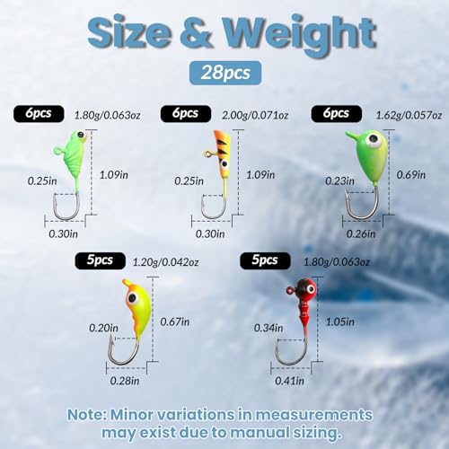 Glow Ice Fishing Jigs | Winter Ice Fishing Lures Set | Micro Jig Head for Pike, Panfish, Crappie, Perch, Walleye, Trout, Bluegill - with Storage Box - color: 28pcs