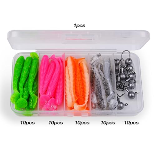 Paddle Tail Swimbaits Lures, 40 Pcs 2.36 Inch Soft Plastic Fishing Lures and 10 Pcs Fishhooks with Box, Bass Fishing Lure Swim Baits with 4 Color, for Trout, Crappie, Bass, Freshwater, Saltwater - color: B