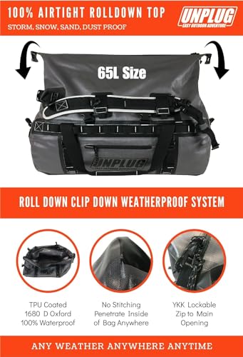 UNPLUG Ultimate Adventure | 1680D Heavy Duty Waterproof Bag | Large Travel Bag which can be Used for Camping, Motorcycling, Boating, or Hunting|65L Storm Grey - color: Storm Grey, size: 65L