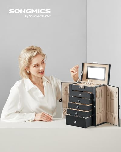 SONGMICS 6-Layer Jewelry Box Organizer with 5 Drawers, Jewelry Storage Case with Lock and Mirror, Large Storage Capacity, Gift for Loved Ones, for Necklaces, Watches, Black UJBC152B01 - color: Black, size: 6 Tier