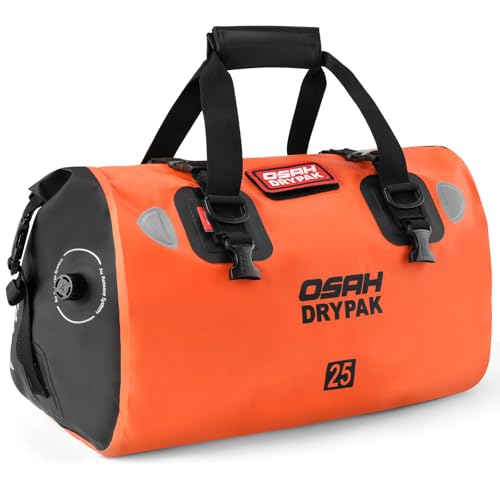 OSAH DRYPAK Waterproof Duffel Bag - Motorcycle Dry Bag Tail Bag with Large Storage Space, Waterproof Luggage Duffle Bags with Outer Mesh Zipper Pocket for Camping, Kayaking, Fishing & Traveling - color: Orange, size: 25L