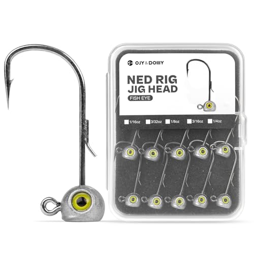 15-Pack Fish Eye Ned Rig Jig Heads with Welded Wire Bait Keeper – 1/16 3/32 1/8 3/16 1/4oz with 2/0 3/0 Hooks, Chartreuse Eyes, Secure Finesse TRD Hookup for Bass Fishing - size: Assorted Weights - 15Pack