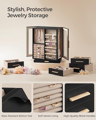 SONGMICS Jewelry Box 360°Rotating, Jewelry Storage Case with 5 Drawers, Jewelry Organizer, Glass Window, Spacious, Vertical Jewelry Storage, Open Design, Great Gift, Graphite Black UJBC170B01 - color: Graphite Black, size: 5 Drawers (6.3"d X 8.7"w X 11.2"