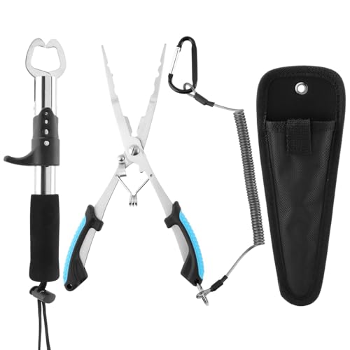 Stainless Steel Fishing Pliers and Fish Gripper Set with Sheath & Lanyard - Multifunctional Fishing Tool Kit for Saltwater Freshwater, Hook Remover, Line Cutter, Crimping - color: Blue