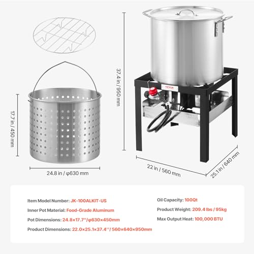 VEVOR 100 Qt Seafood Boiling Kit with Strainer, Outdoor Seafood Boil Pot and Basket, Cooking Set for Crab Crawfish Lobster Boiling, Aluminum Stockpot with 100,000 BTUs Propane Burner and Steamer Rack - style: 100-qt