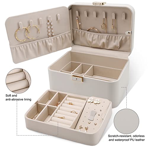 KAMIER Jewelry Box, 2 Layers PU Leather Jewelry Organizer Box, Large Capacity, Double Lock and Large Mirror, Hidden Necklace Hooks, Removable Dividers, Grey - color: Gray, size: mirror