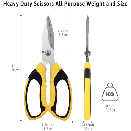 BoFuYuan Utility Scissors Heavy Duty: 8-Inch sharp Scissors All Purpose heavy duty, Serrated Blades Cut Carpet, Cardboard, Wire, Leather, Fabric, Multipurpose Shears for Kitchen, Garden, Office, Craft - color: Yellow