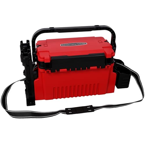 Dual-layer Fishing Tackle Box, Tackle Box Organizer Fishing Box Large, Plastic Portable Tackle Storage Box with 2pcs Rod Holder, 2pcs Cup Holder, 1pc Carring Strap - color: Red