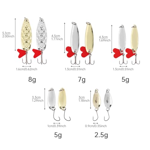 10pcs Metal Spoons Lures Kit with Hook Tackle Box, Hard Fishing Lures, Sequin Baits for Trout, Panfish, Bass