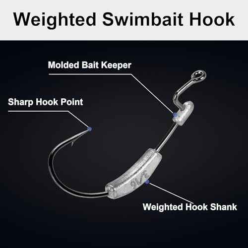 15 Pcs Weighted EWG Worm Hook, Weedless Fishing Swimbait Hooks Bass Fishing Freshwater Saltwater Assorted 1/8oz 3/16 1/4oz - size: 3/16oz-20pcs