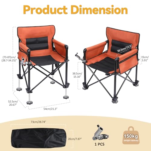 Heavy Duty Folding Fishing Chair 220LBS Load Capacity, Portable Compact Camping Chair with 1 Detachable Rod Holders, Adjustable Legs, Storage Bags & Non-Slip Feet for Outdoor Fishing Beach - color: Orange