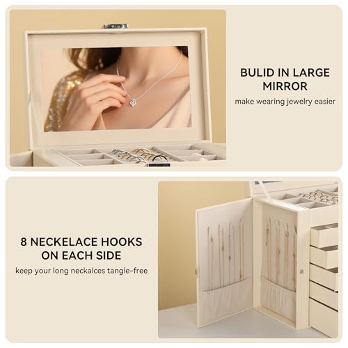 Frebeauty Large Jewelry Box,6-Tier PU Leather Jewelry Organizer,Multi-functional Storage Case with Mirror,Accessories Holder with 5 Drawers for Necklace Bracelets Watches(Beige) - color: Beige, size: Large