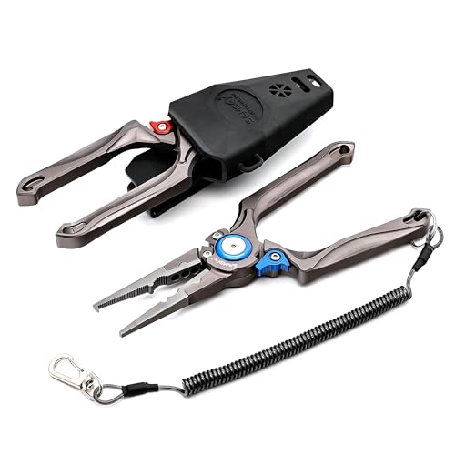 SAMSFX Fishing Pliers, Muti-Function Fly Fishing Tools, 8" Saltwater Resistant Gear Hook Remover Split Ring Tungsten Cutters, with Lanyard & Sheath - color: Blue Fishing Pliers with Dehooker