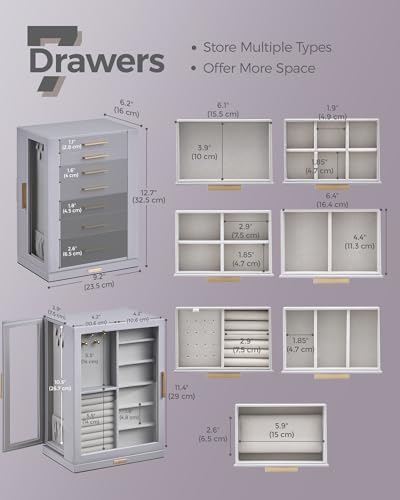 Glimmloop 360° Rotating Jewelry Box with 7 Drawers, Spacious Vertical Jewelry Organizer with Glass Window, Jewelry Storage Case, Dustproof & Moisture-resistant Design, Grey - color: Grey, size: 7 Drawers (6.2"D x 9.2"W x 12.7"H)
