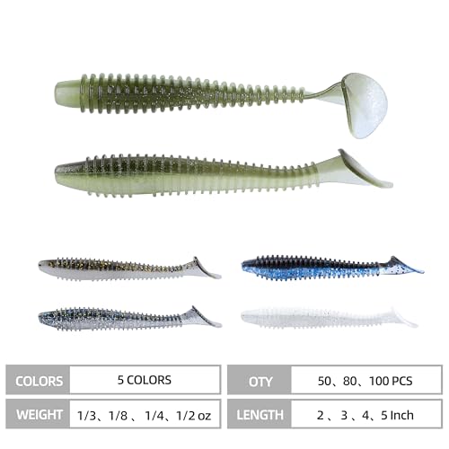 Paddle Tail Swimbaits 100/80/50PCS, 5/4/3/2 inch Soft Fishing Lures Bulk Pack – Durable Lifelike Action Lures for Bass, Trout, Crappie – Freshwater & Saltwater Fishing Gifts - color: Light Green, size: 5in, 50pcs