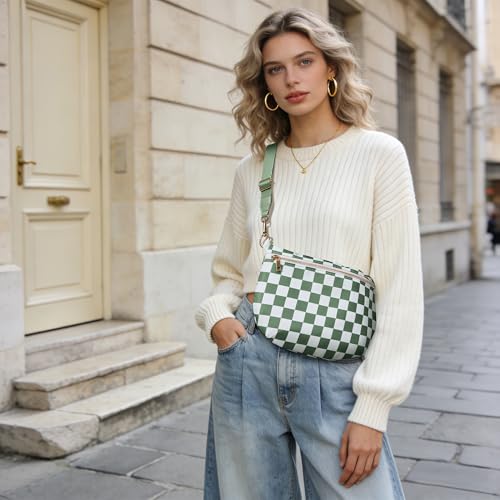 KALIDI Checkered Crossbody Bags for Women Travel Flat Fanny Packs for Woman Men Nylon Cross Body Purse Fashion Belt Bum Bag - color: Beans Green Checkered