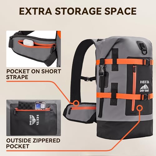 HEETA Dry Bags Waterproof Backpack 40L for Men & Women, Roll Top Heavy Duty Cushioned Hiking Backpack for Kayaking Boating Paddle Boarding Fishing Travel Camping Beach Vacation Cruise Ship Essentials - color: Grey