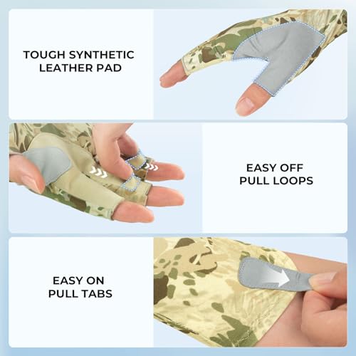 KastKing Agies Fishing Gloves Men, UPF 50+ Sun Gloves UV Protection, Cooling Quick-Dry 3/4 Fingerless Gloves with Extended Cuff, Microfiber Palm & Pull Tabs, for Fishing, Kayaking, Hiking, Hunting - color: X Camo-Multi Purpose, size: Small-Medium