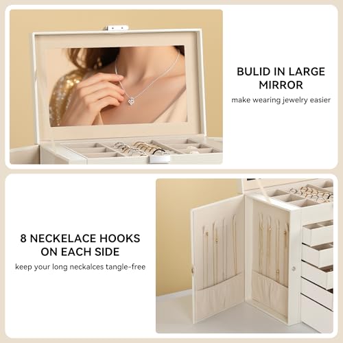 Frebeauty Large Jewelry Box,6-Tier PU Leather Jewelry Organizer,Multi-functional Storage Case with Mirror,Accessories Holder with 5 Drawers for Necklace Bracelets Watches(Pearl White) - color: Pearl White, size: Large