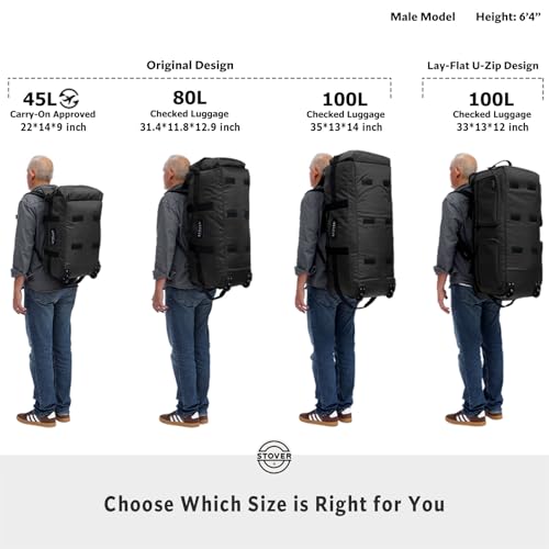 STOVER 45/80/100L U-Zip Rolling Duffel Bag with Wheels, X-Large Durable Travel Duffle + Toiletry Bag, Lay-Flat Opening, Packable w/Shoulder Straps- Use as Luggage or Backpack, Men/Women (Black) - color: U-Zip Black