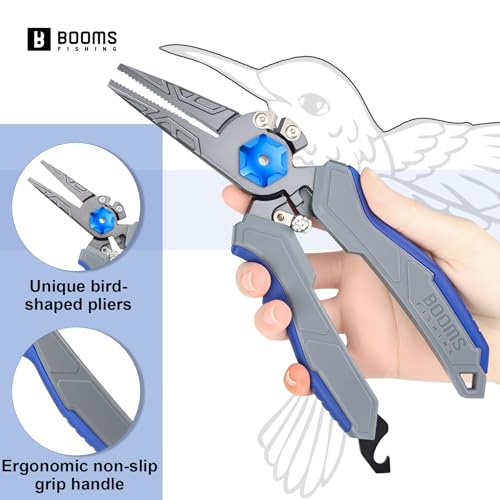 Booms Fishing Pliers Hook Remover: 8.1" Angled Carbon Steel Fish Pliers for Saltwater - Fishing Line Cutter with Lanyard - Braided Cutters & Crimper with Safety Lock, Multi-Function Gear for Men, F09 - style: 8.1" fishing pliers