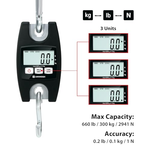 UNIWEIGH Digital Hanging Scale 660lb/300kg Handheld Crane Scales | Industrial Scales with Hooks,Luggage Scales with LCD/Hold/Tare for Weighing,Farm Hunting,Fishing Outdoor,Suitcases(Black)