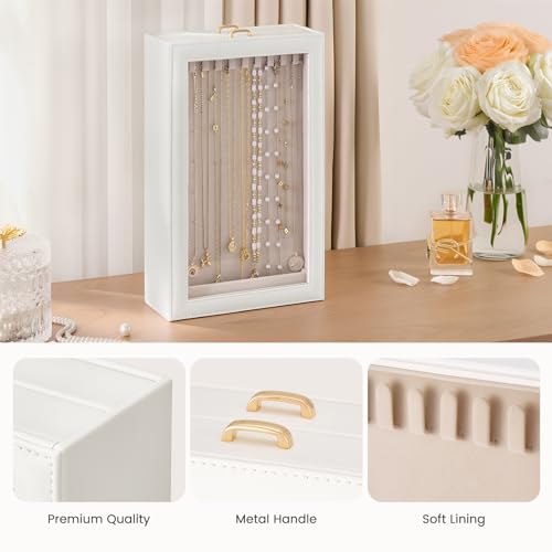 Lolalet Necklace Organizer Box, Jewelry Storage Box with Clear Window for Necklaces Bracelets, Tangle-Free Necklace Display Case for Women Girls, White, 2 Layers 20 Hooks - color: White, size: 2 Layers, 20 Hooks