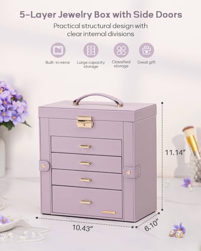 Homde Synthetic Leather Huge Jewelry Box Mirrored Watch Organizer Necklace Ring Earring Storage Lockable Gift Case (Grey Purple + Gold) - color: Grey Purple + Gold