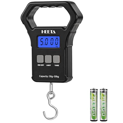 HEETA Fish Scale, 110lb/50kg Digital Portable Hanging Fishing Weight Scale with Backlit LCD Display, Luggage Scale with Hook, Non-Slip Large ABS Handle & 2 AAA Batteries, Fishing Gifts Gear for Men - color: Black