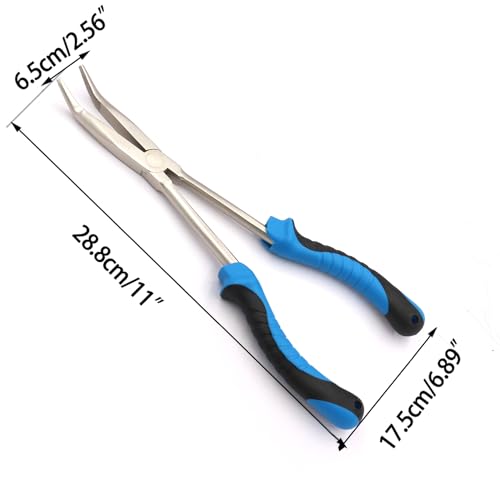 11" Long Nose Fishing Pliers, Straight & Bent Jaws, PTFE Coated Corrosion Resistant, Hook Remover & Braid Cutter Fishing Needle Nose Pliers, Saltwater Freshwater Gear for Bass Snook Trout - color: Nife-blue Black - Curved Needle Nose Pliers