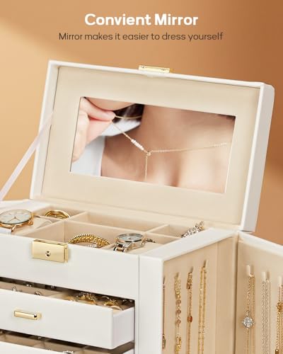 Homde Synthetic Leather Huge Jewelry Box Mirrored Watch Organizer Necklace Ring Earring Storage Lockable Gift Case (White + Gold) - color: White + Gold