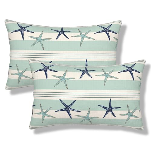 Coastal Navy Blue Throw Pillow Covers Coastal Starfish Lumbar Pillow Cases 12x20 Inch Set of 2 Navy Turquoise Outdoor Decorative Pillowcase Cushion Cover for Couch Sofa - color: Green Blue, size: 20" x 12" (Pack of 2)