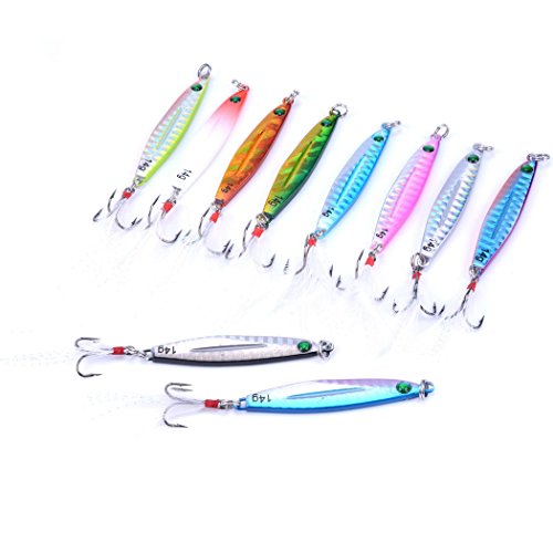 Aorace 10pcs Hard Metal Jigs Diving Sea Fishing Lures Minnow Popper Baits Tackle Crankbait Saltwater Freshwater Lures with Feather - color: 10pcs 6cm/14g