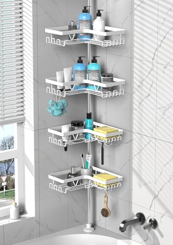 DAOYA Shower Caddy Tension Pole Corner - Stainless Steel Bathroom Organizer White Tension Rod Shower Shelves for Tub(22-114.2inch), Renter Friendly - color: White