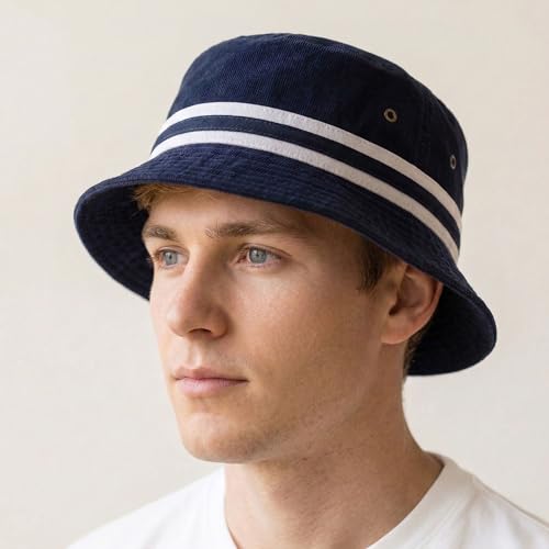 Cotton Bucket Hat Packable Sun Hat – Unisex Summer Travel Beach Fisherman Hat for Men Women Outdoor Fishing Hiking - color: 0. Band -Navy, size: Small-Medium