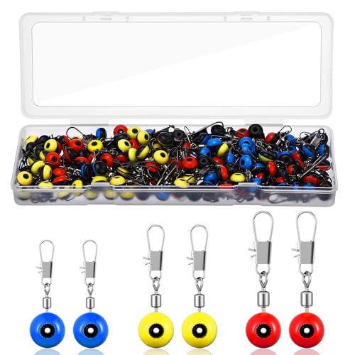 150 Pcs Fishing Line Sinker Slides Fishing Float Connector Rolling Swivels with Interlock Snaps for Catfish Carp Bass, Red Yellow Blue Color Coded 3 Sizes (Large, Medium, Small)