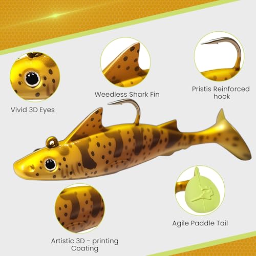 Pristis 6 pcs Sharkita Jig Head Soft Fishing Lures, Plastic Pre-Rigged Paddle Tail Shark Shad Swimbaits, Durable Sinking Worm Bait Set Gear Kit for Saltwater Freshwater Bass Crappie Walleye Trout - color: Assorted Pack I