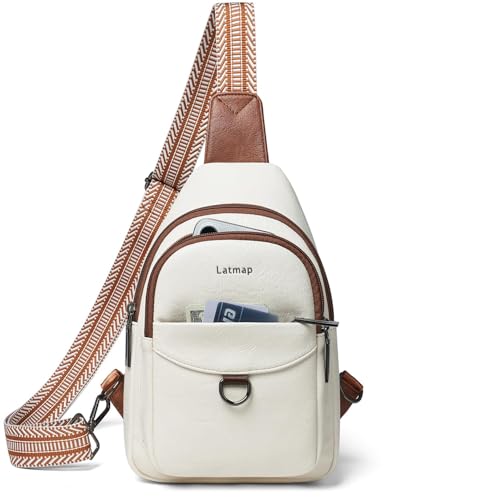 LATMAP 7L Sling Bag for Women Men Crossbody Belt Bag Small Travel Sling Backpack Anti Theft Chest Daypack Purse Faux Leather - color: Beige