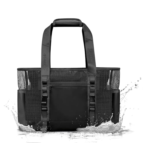 Yarwo Boat Gear Tote Bag, 35.5L Waterproof Boat Accessories Organizer with Marine-grade Coated Mesh and Wet Dry Pockets - color: Black